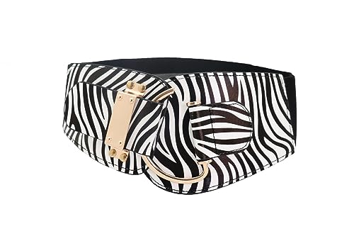 Women Fashion Belt Faux Leather Waistband Gold Hook Buckle L XL Black Zebra Animal Print