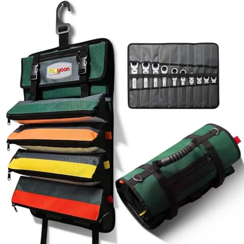 Faoyoon Roll Up Tool Bag, Heavy Duty Tool Roll Bag, Roll Up Bag with Portable Wrench Roll & Detachable Color Corded Tool Pouches, Folding Tool Bags, Tool Organizer Storage Bag