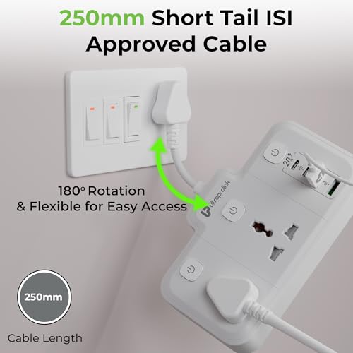 Image of UltraProlink 6 in 1 Surge Extension Board |Device Safety with ISI Approved Heavy Duty Cable-25cm6 Ports-2 Fast Charge Type-C(PD 20W),2 USB-A Ports & 2 AC Sockets|3 Power Switches|Made in India|UM1272