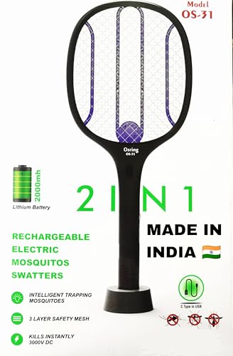 Image of osring 2 in 1 UV Light Mosquito Bat Racket Electric Fly Swatter with Base Stand, Lithium Battery, USB Type-C Charging, Black, Made in India