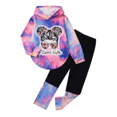 Image of Girls 2 Pcs Fall Winter Tie Dye & Leggings Outfits For Teens 5-14 | 2026 Girls Fashion Trendy, Long Sleeve Hoodie, Cool Life Print, Patchwork Pants, Back to School Holiday Tracksuit