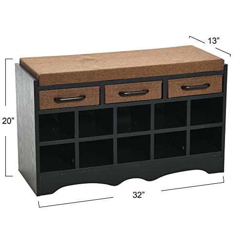 Household-Essentials-Entryway-Storage-Bench-with-3-Brown-Drawers-10-Shoe-Compartments-and-Cushioned-Seat-in-Black-Oak-Wood-Grain Household Essentials Entryway Storage Bench with 3 Brown Drawers 10 Shoe Compartments and Cushioned Seat in Black Oak Wood Grain