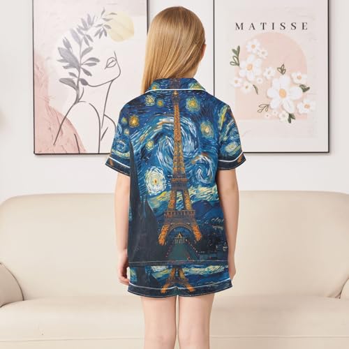 ALAZA Van Gogh Starry Sky Eiffel Tower Satin Pajamas Set Short Sleeve Button Down Sleepwear Summer Pjs 2 Piece4
