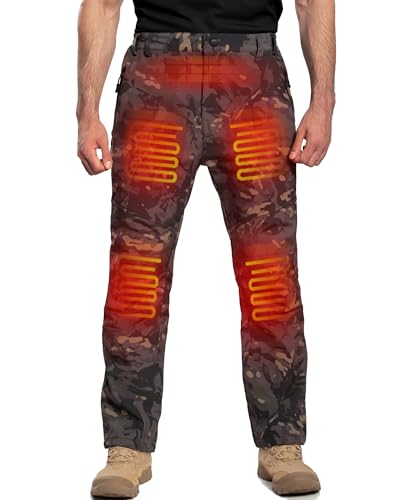 DEWBU Heated Pants for Men with 12V Battery Pack Fleece Lined Outdoor Softshell Pants Electric Heating Trousers, Men's Black Camo, L