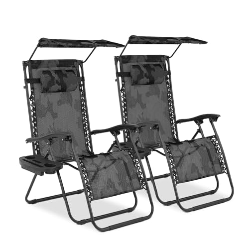 MoNiBloom Zero Gravity Chairs Set of 2, Patio Anti Gravity Recliners with Canopy Shade, Foldable Outdoor Lounger with Cup Holder Tray and Headrest for Beach Camping, Camouflage