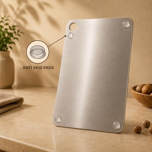 Image of Amazon Brand - Solimo Round Chopping Slicing, Kneading Board | Stainless Steel | Double Sided | Round Edge | for Vegetables, Fruits (L)