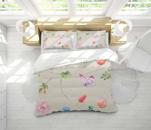 Housse de couette fleurs papillon 220x240 colorée avec taies