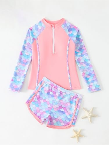 2 Pcs Rash Guard Sets for Girls Mermaid Scales Printed Swim Shirts with Shorts Bathing Suits2
