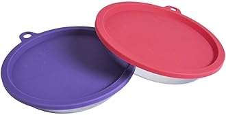 Messy Cats 4pc Set with Two Stainless Saucer Shaped Bowls and Two Silicone Lids, 1.75 Cups Per Bowl, Watermelon and Purple Lids