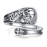 ZLILIJAN Skull Rings 925 Sterling Silver Spoon Ring Gothic Skull Adjustable Ring Rose Flower Statement Ring Vintage Victorian Jewelry gift for Women (Skull Spoon Ring) (Skull ring)
