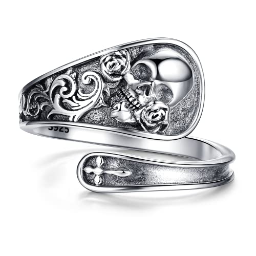 ZLILIJAN Skull Rings 925 Sterling Silver Spoon Ring Gothic Skull Adjustable Ring Rose Flower Statement Ring Vintage Victorian Jewelry for Women (Skull Spoon 1, 6#7#8#)