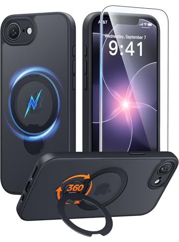 Image of FNTCASE for iPhone 17e Case: iPhone 16e Phone Case [360 Spin Magnetic Stand] [Compatible with Magsafe] [Screen Protector] Translucent Matte Military Grade Shockproof Protective Phone Cover Black