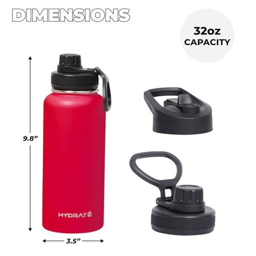 Hydrate 32 oz Water Bottles Insulated for Hot and Cold Drinks - Leakproof, Flip Cap Metal Tumbler with Handle - BPA-free Double-Wall - Portable for Gym, Office, Travel - Chilli Pepper