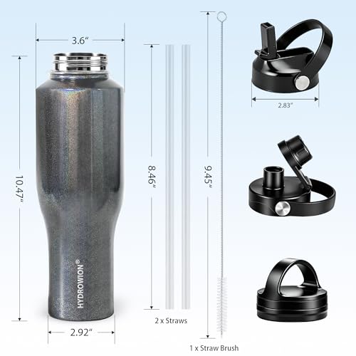 Image of HYDROWION Water Bottle Stainless Steel,Vacuum Insulated Leak Proof Tumbler 32oz with Straw Lid, Spout Lid and Flex Cap(Cold for 48 Hrs, Hot for 24 Hrs), Fit in Any Car Cup Holder, Laser Grey