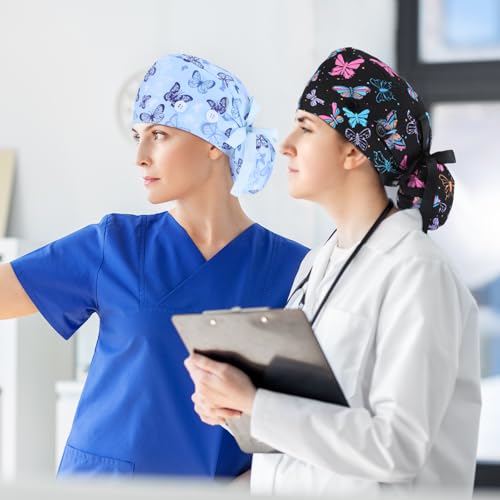 Image of 6 Pcs Scrub Caps for Women Doctor Nursing Hats with Buttons Adjustable Tie Back Working Cap Bouffant Scrub Hats for Women Men