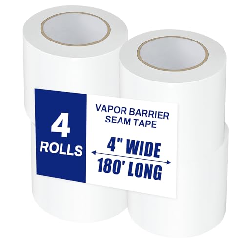 Bghdas 4 Roll, White Vapor Barrier Tape, 4" Wide x 180' Long, PE 9 mm Polyethylene Tape, for Stucco Waterproof Moisture Barriers Seal and Seam, for Crawlspaces, Insulation Repairs &amp; Plastic Liners