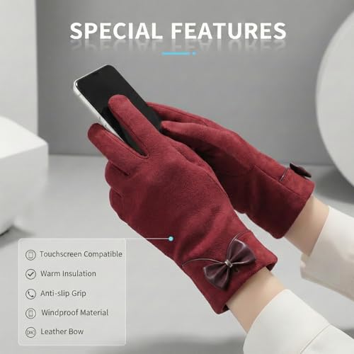 Image of Kraptick Women's Winter Thermal Gloves - Elegant Suede Fleece Lined Warm Full Finger Hand Gloves with Bow Knot - Windproof Soft Driving Mittens for Ladies & Girls (Free Size, Purple)-8