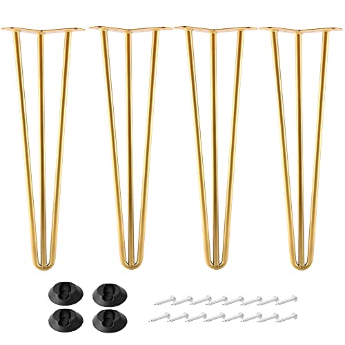 ALXEH 16 Inch Hairpin Legs Metal - 1/2â€ Dia 3 Rods Design - Mid Century Furniture Table Legs, DIY Furniture Hairpin Feet Gold for Nightstand, Coffee Table and TV Stand, Set of 4