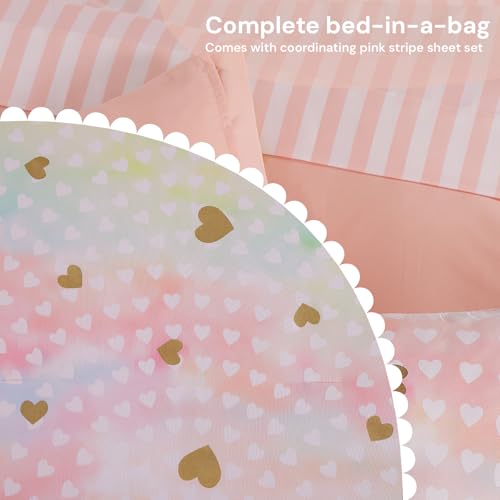 Image of BLOOMHAVEN Full Size Comforter Sets for Girls, 7 Pieces Pink Bedding Set with Colorful Gold Heart, All Seasons Kids Bed in a Bag with Sheets, Pillowcases & Shams