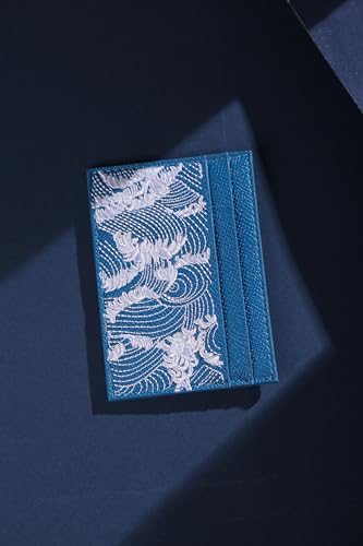 Slim Leather Card Holder with Wave Design, RFID Blocking, Blue and White, 2.76" x 3.943