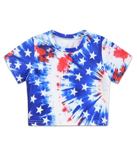 Image of Tkria Girl Crop Tops July 4th Crewneck Tshirt American Flag Patriotic USA Flag Girls Outfit Clothes Size 6-14