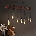 Rustic Chandelier Farmhouse Wood Beam Hanging Industrial Pendant Lighting Vintage Ceiling Light Fixture 10 Heads for Dining Table Kitchen Island Bar Coffee Billiard Pool Table (8 Lights)