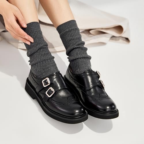 Image of BEAU TODAY Womens Leather Loafers, Monk Platform Loafer Shoes | Cowhide, Brogue Wingtip, Slip-on, Chunky Heel, Comfortable, Non-slip Durable, Business Casual Office Dress Shoes