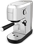 riviera&bar Machine à Expresso Compacte - 1400W, 19 Bars, Réservoir 1,4L, Plateau Chauffe-Tasses, Filtre 1 et 2 Tasses, Arrêt Automatique - Compact et Polyvalent - Inox Satiné