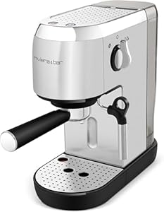 riviera&bar Machine à Expresso Compacte - 1400W, 19 Bars, Réservoir 1,4L, Plateau Chauffe-Tasses, Filtre 1 et 2 Tasses, Arrêt Automatique - Compact et Polyvalent - Inox Satiné