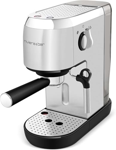 riviera&bar Machine à Expresso Compacte - 1400W, 19 Bars, Réservoir 1,4L, Plateau Chauffe-Tasses, Filtre 1 et 2 Tasses, Arrêt Automatique - Compact et Polyvalent - Inox Satiné