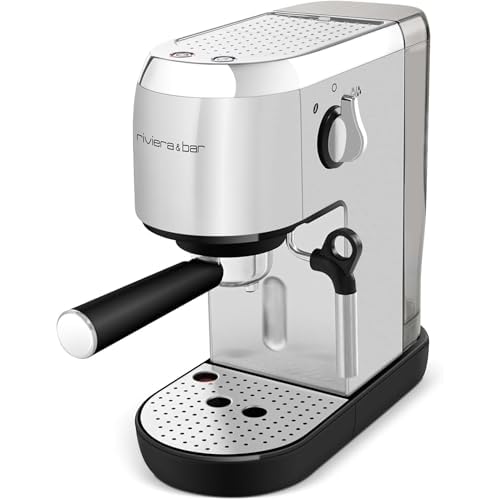 riviera&bar Machine à Expresso Compacte – 1400W, 19 Bars, Réservoir 1,4L, Plateau Chauffe-Tasses, Filtre 1 et 2 Tasses, Arrêt Automatique – Compact et Polyvalent – Inox Satiné