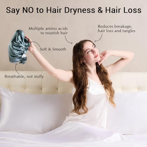 ZIMASILK 100% Mulberry Silk Bonnet for Women Hair Care, Double Layered, Silk Hair Wrap for Sleeping with Elastic Stay On Head (1Pc, Greyish Green+Ivory)