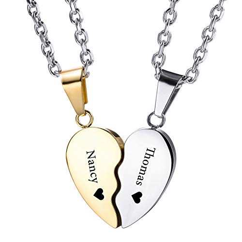 INBLUE Conjunto de Collar de Pareja de Corazón Personalizado Fecha de Nombre de Grabado para Hombres Mujeres Piedra del Zodíaco Cadena Acero Inoxidable Colgantes de Relación de Amor(Color Dorado) Cover
