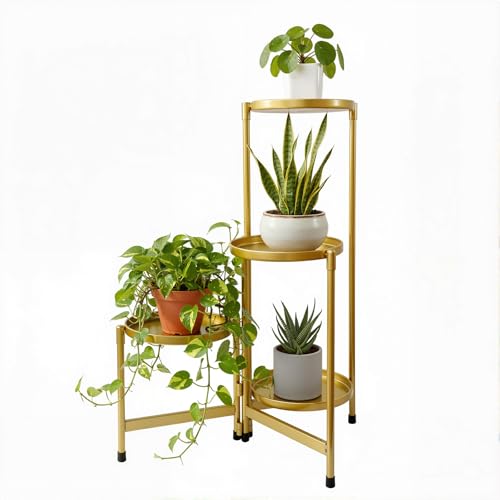 CSTOUTHOM 4 Tier Plant Stand Indoor Outdoor, Metal Plant Stand Waterproof, Corner Metal Flower Pot Stands for Multiple Plants with Folding Design For Home, Living Room, Gold