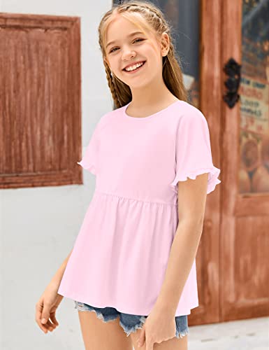 Simtuor Girls Babydoll Shirt Casual Crew Neck Ruffle Sleeve T Shirts Loose Fit Peplum Tops #TOP3
