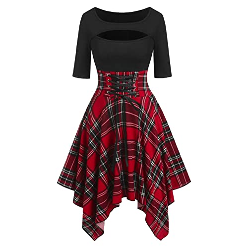 Kleid Damen Korsett Kariert Patchwork Steampunk Sommerkleid Kurz mit Schnürung Rockabilly Kleider Sommer Elegant A Linie Schwingen Minikleid Frauen...
