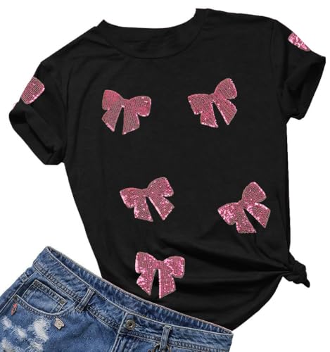 Womens Bow Shirt Coquette Aesthetic Shirts Cute Sequin Graphic Tees Trendy Pink Bow Ribbon Short Sleeve Tee Tops