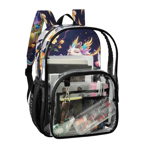 Cute Dragon Blossom Wing Flower Clear Backpack Heavy Duty See Through Transparent PVC BookBag for Kids Boy Girl School Work2