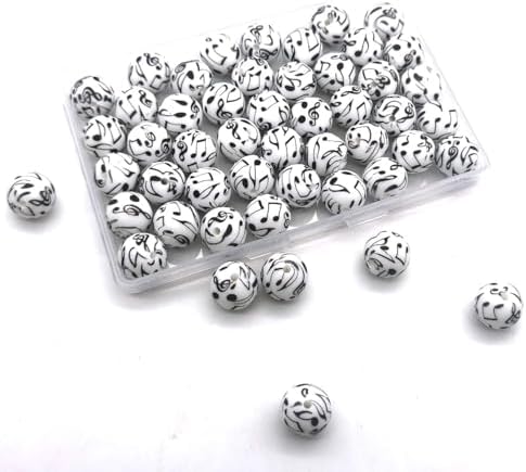 YOKUSHI 50 PCS Music Printed Silicone Beads 15mm Bulk, Print Loose Rubber Round Focal Bead for Keychain Pens Necklace Bracelet Lanyard Making image 4