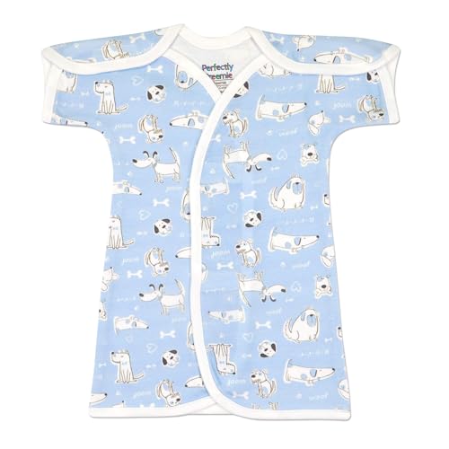 Image of Perfectly Preemie Open-Shoulder Short-Sleeve Cotton NICU Gown (Puppy Love Blue, Preemie)