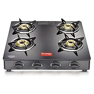 Prestige 4 Brass Burners IRIS L.P Glass Top Gas Stove, with Powder Coated Body, Black, Manual Ignition
