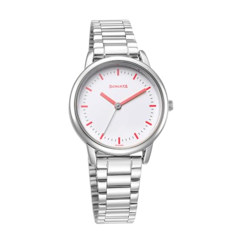 Image of Sonata Plain 3 Hands Metal White Round Dial Steel Colour Stainless Steel Strap Womens Watch - 8172SM02