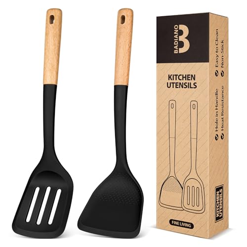 Silicone Wok Spatula Turner Set, Perfect for Scooping, Flipping, Lifting Pancakes and Picking up Veggies, BPA-Free Matte Silicone, Wooden Handles, Safe for Nonstick Cooking Surfaces (Black)