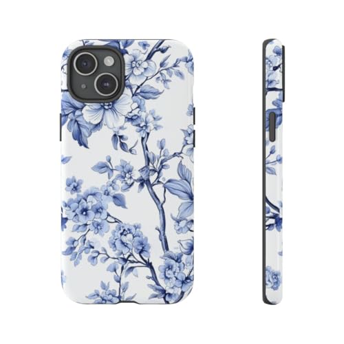 Coque iPhone 15 Plus motif floral vintage bleu en polycarbonate rigide brillant