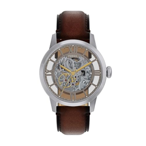 Fossil Townsman Watch for Men, Automatic three hand movement with Stainless steel or Leather Strap, Marron et argent, 44 mm