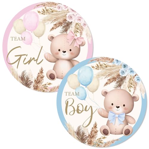 Whaline 200Pcs Bear Stickers Team Boy Team Girl Gender Reveal Paper Decals Blue Pink Self-Adhesive Decorative Round Stickers for Baby Shower Gender Reveal Party Supplies