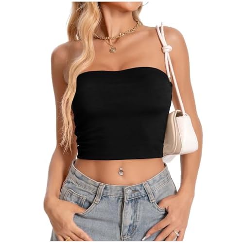 Women Tube Top Summer Strapless Crop Tops Basic Bandeau Going Out Y2k Short Shirt(Black,S)