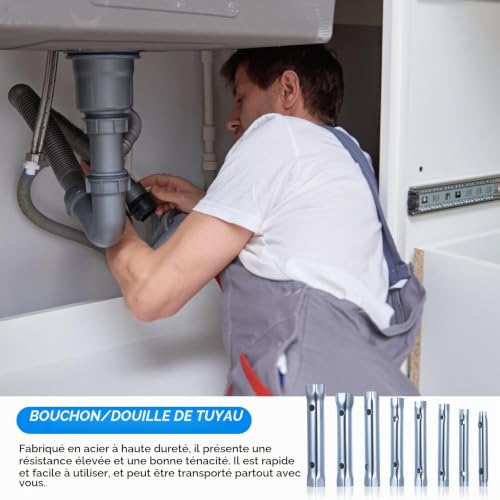 Tiugbjkgk 8 Pcs Clés Tubulaires et à Pipe, Cle a Pipe, 6-22 mm Cle a Tube pour Robinet Evier, Clés à Douille pour Robinet, Kit de Montage pour Robinets sous Évier, avec 2 Barres – vue 5