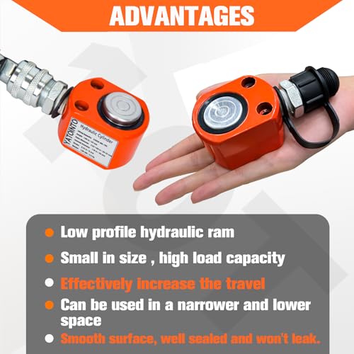 YATOINTO 10 Ton Low Profile Hydraulic Cylinder Jack Porta Power Ram 0.43" Stroke Hydraulic Jack for Short Distance Lifting & Leveling(Orange-Red)