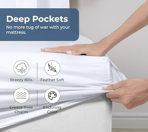 Image of Royale Linens 100% Organic Cotton Fitted Sheet - Percale Weave - Super Soft Deep Pocket Bottom Sheets - White Elastic Sheet Twin Size - Twin Fitted Sheets Only - (39 inchx75 inch+15 inch, White)